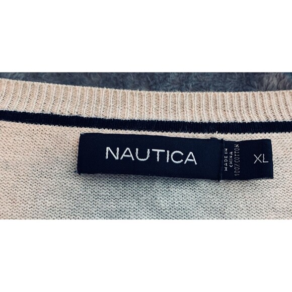 Nautica VNeck Sweater Logo XL Striped Cream Black 100% Cotton Preppy Casual - Picture 4 of 7